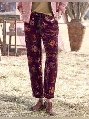 NWT Sundance Velvet Floral Jogger Pants Burgundy Cuffed Boho Petite Small Rare